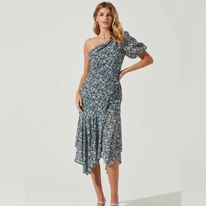 SANTORINI FLORAL ONE SHOULDER MIDI DRESS